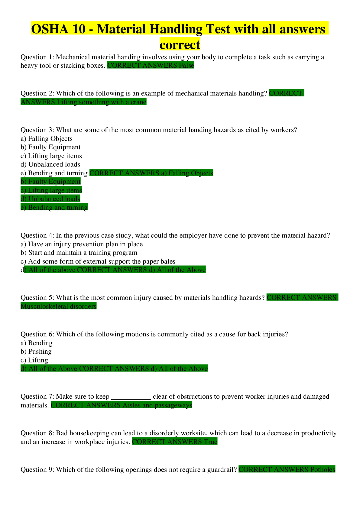 Preview image for OSHA 10 - Material Handling Test with all answers correct